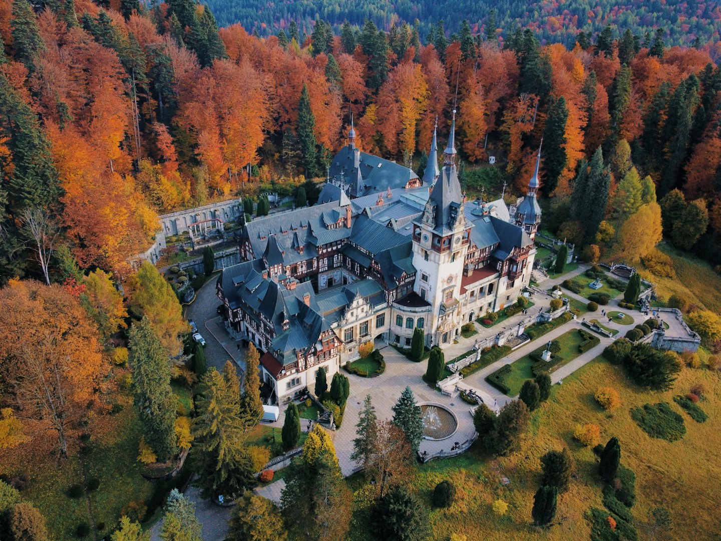 Ein historisches Schloss mit weißen Mauern steht inmitten eines herbstlichen Waldes.
